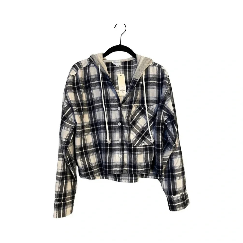 Blue Rain Francescas Navy White Plaid Cropped Hooded Flannel Shirt Medium NWT